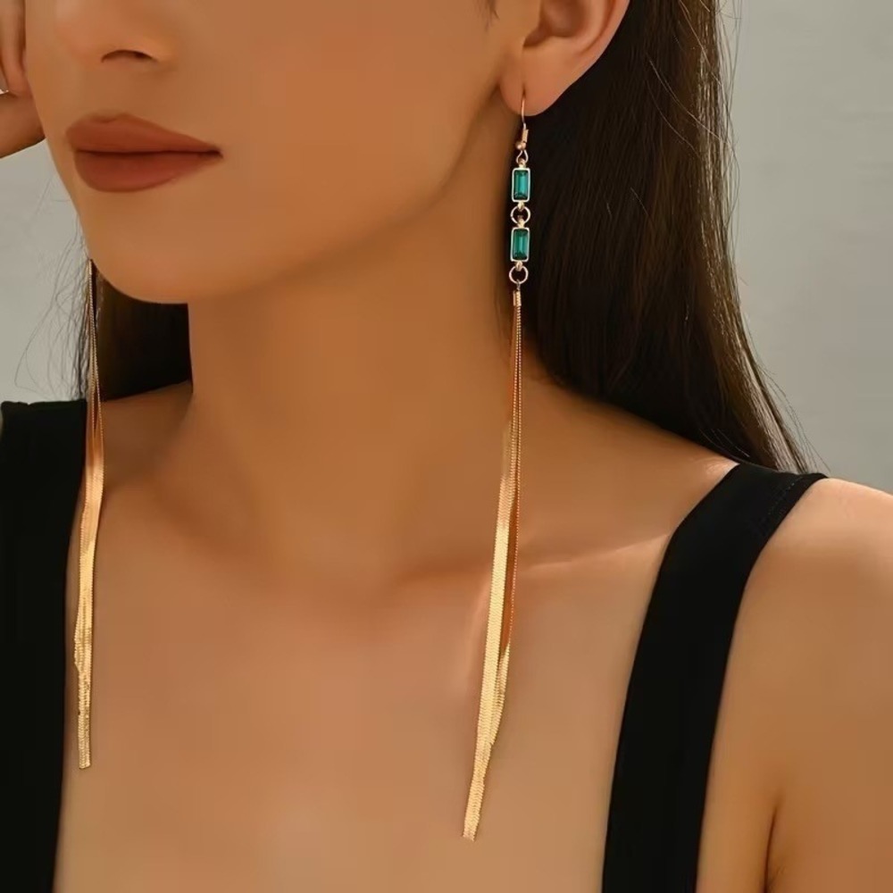 Gold Long Herringbone Tassel Earrings Emerald Green Baguette Crystal Drop